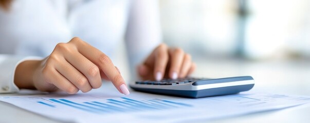 Fototapeta premium An accountant uses a calculator to compute numbers while pointing at graphs, discussing data, and analyzing charts and graphs