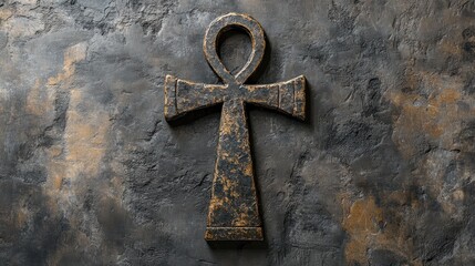 A preserved, ancient Egyptian ankh symbol, with worn edges and visible signs of aging, isolated on a minimalistic background