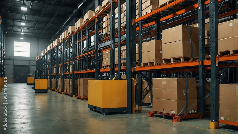 Poster modern warehouse with automated systems handling packages.
