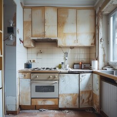 A simple kitchen interior with messy, disheveled cabinets, highlighting the need for renovation