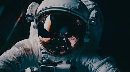 Close-up of an astronaut's helmet, with a reflection of the cosmos visible.