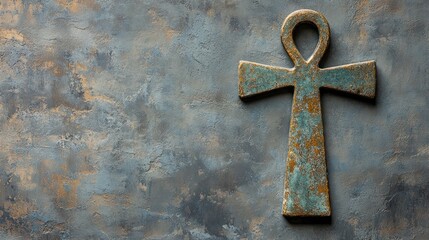 A preserved, ancient Egyptian ankh symbol, with worn edges and visible signs of aging, isolated on a minimalistic background