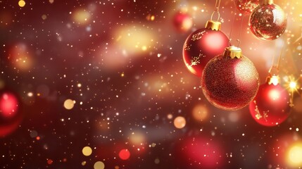 Abstract, red christmas background with golden ornaments and bokeh transparent background