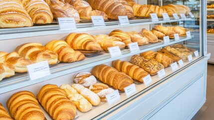 An inviting bakery counter showcases a variety of delectable pastries and croissants, complete with flavor signs and warm lighting that creates a cozy atmosphere