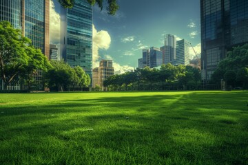 Obraz premium beautiful green meadow near modern office building,