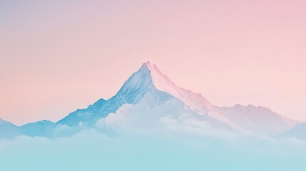 Fototapeta premium A snow-capped mountain peak rises above a sea of clouds, with a soft pink and blue gradient sky.