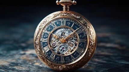 A sharp, high-res photo of a vintage pocket watch, isolated on a dark background, with detailed engravings and visible clock hands