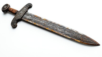 A weathered medieval sword, featuring intricate hilt designs and a slightly rusted blade, isolated against a clean white background