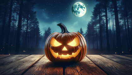 Scary Halloween carved pumpkin on wooden planks, forest and moon on background. Jack O Lantern glowing