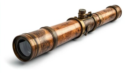 A well-preserved antique telescope made of brass and wood, with detailed engravings, extending outward as if in use, isolated on transparent, ideal for exploration themes.