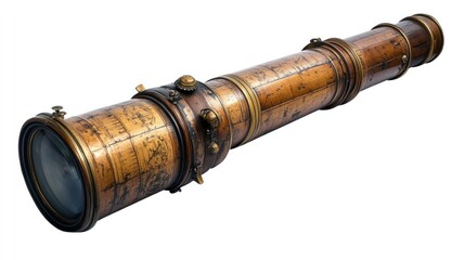 A well-preserved antique telescope made of brass and wood, with detailed engravings, extending outward as if in use, isolated on transparent, ideal for exploration themes.