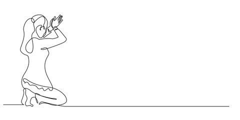 continuous line of Hindu woman performing worship. one line drawing of Balinese woman performing worship. single line vector illumination. isolated white background
