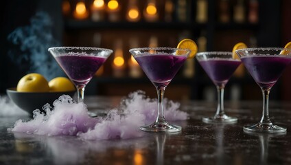 Mystical purple cocktails with dry ice smoke in martini glasses.