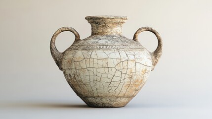 An isolated ancient Roman amphora, with detailed engravings, cracked surface, and remnants of its original paint, placed on a neutral background