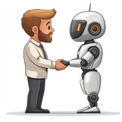 Naklejka premium Human and Robot Collaboration: A friendly handshake between a human businessman and a sleek, futuristic robot symbolizes the future of collaboration between man and machine. 