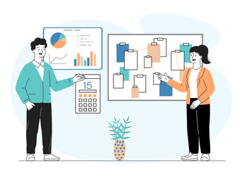 Employees with strategy. Man and woman near graphs and charts, boards with notes. Organizing efficient workflow and time management. Teamwork and collaboration. Linear vector illustration