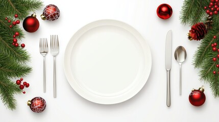 Christmas Banner Dinner Table Setting Frame With Empty Plate, Cutlery, Christmas Toys And Fir Tree. Winter Holidays Background transparent background