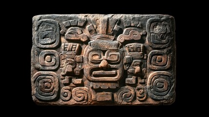 An isolated Aztec stone carving, featuring detailed glyphs and a weathered surface, set against a dark background to enhance its ancient appearance.