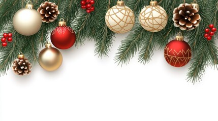 Christmas decorations and pine branches on a white background transparent background