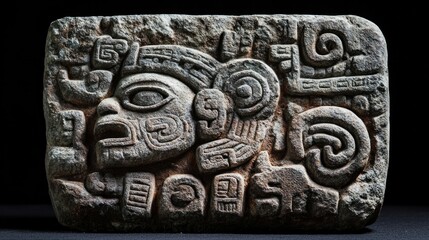 An isolated Aztec stone carving, featuring detailed glyphs and a weathered surface, set against a dark background to enhance its ancient appearance.