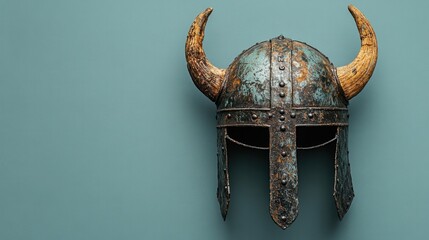 An isolated Viking helmet with a horned design, showing signs of age and battle wear, displayed against a simple, neutral background