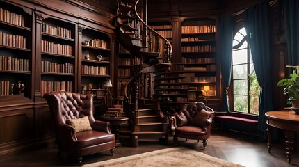 close-up of a mystical pink mahogany library including spiral staircase shelves and one classy armchair off to the side.
