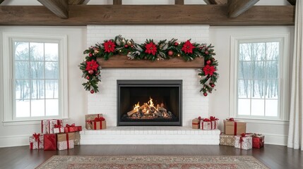 A white brick fireplace adorned with Christmas garlands and presents creates a cozy atmosphere in a modern farmhouse styled room filled with natural light