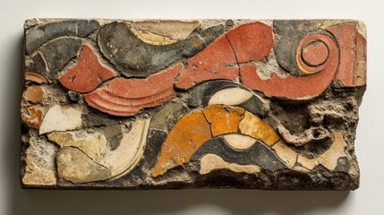 An isolated fragment of Roman mosaic tile, featuring a partial design with earthy colors and worn edges, placed on a neutral background