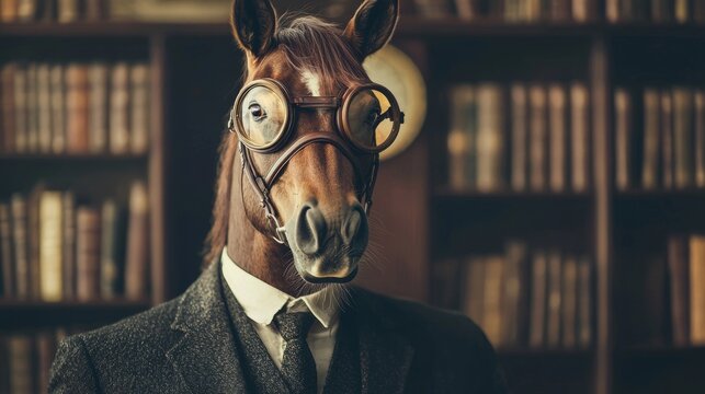 Equestrian Scholar: Surreal Horse in Formal Attire Giving Intellectual Lecture at Academic Venue