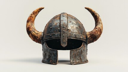 An isolated Viking helmet with a horned design, showing signs of age and battle wear, displayed against a simple, neutral background