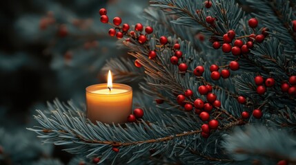 Close up of a candle in a spruce tree with berries transparent background