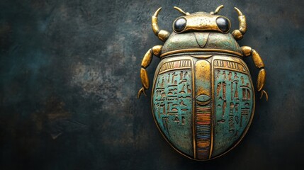 An ornate Egyptian scarab amulet, with faded hieroglyphics and a worn patina, isolated on a dark backdrop to highlight its historical significance