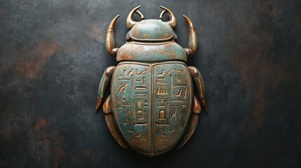 An ornate Egyptian scarab amulet, with faded hieroglyphics and a worn patina, isolated on a dark backdrop to highlight its historical significance