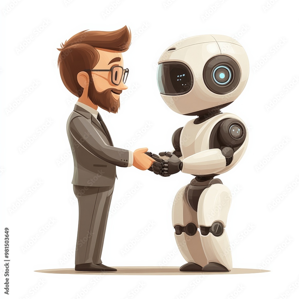 Poster shaking hands with the future: a friendly ai robot and a businessman in a suit solidify their partne