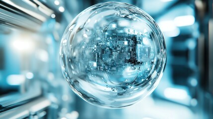 transparent scientific object with embedded microchips and circuits, suspended in mid-air, with soft reflections and a sterile, futuristic backdrop
