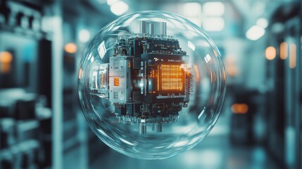 transparent scientific object with embedded microchips and circuits, suspended in mid-air, with soft reflections and a sterile, futuristic backdrop