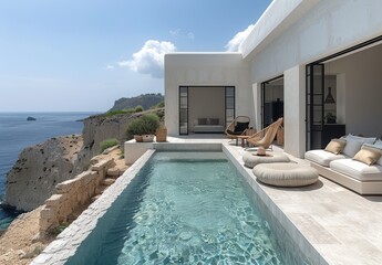 Modern minimalistic villa terrace with pool and sea view near the beach