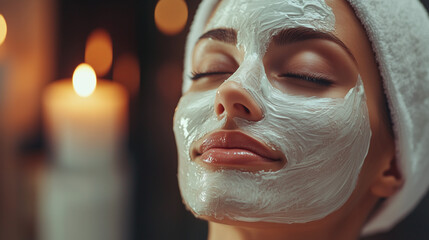 Fototapeta premium Woman Relaxing with a Face Mask in a Spa Setting. A peaceful scene of a woman lying down with a white face mask, eyes closed, enjoying a relaxing spa treatment.