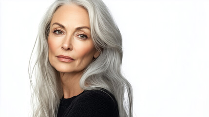 Naklejka premium Elegant Mature Woman with Gray Hair in Minimalist Portrait. A striking portrait of an elegant mature woman with long gray hair, wearing a black sweater against a clean white background. 