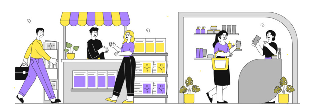 People at trade exhibition. Men and women buy goods at bazaar or market. Presentation of ideas for start up. Customers and visitors. Linear vector illustration