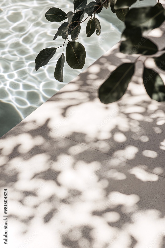 Poster Abstract view of a swimming pool with dappled sunlight and shadows from tree leaves.