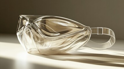 Transparent medical mask with clear straps, laid flat on a clean surface, highlighting its design and the fine mesh of the material