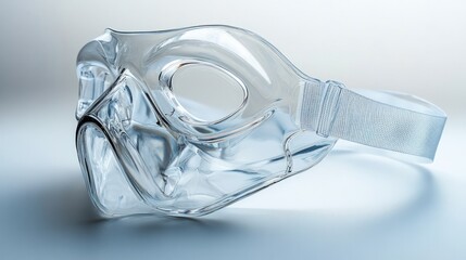 Transparent medical mask with clear straps, laid flat on a clean surface, highlighting its design and the fine mesh of the material