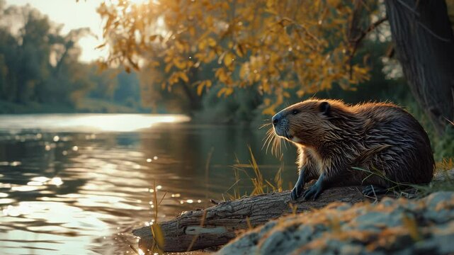 A beaver is seen close to a river, enjoying a peaceful moment by the water's edge as the sun sets, preparing for the upcoming winter season in nature.