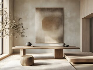Minimalist Zen Inspired Home Office with Abstract Wall Art and Statement Plant