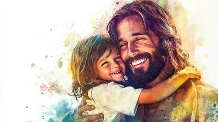 Jesus Christ with a kid in his arms, smiling. Digital watercolor painting transparent background