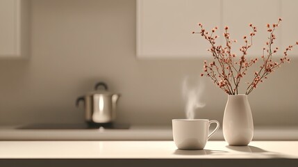 A steaming cup of coffee sits on a white countertop in a soft-lit kitchen, accompanied by a vase of dried flowers and a distant pot of hot tea, creating a cozy ambiance