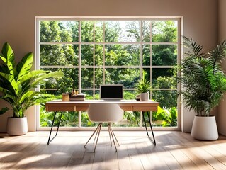 Fototapeta premium Minimalist Scandinavian Style Home Office Overlooking Lush Garden in Natural Light