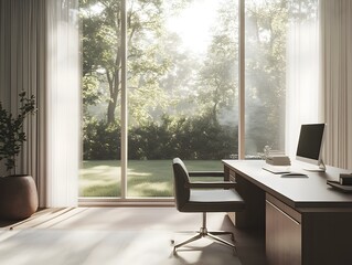 Fototapeta premium Serene Minimalist Home Office with Lush Garden View and Natural Lighting