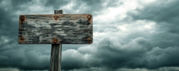 Fototapeta premium Weathered wooden sign against stormy cloudscape
